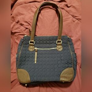 Vera Bradley Quilted  Tote Purse Blue Leather Trim EUC